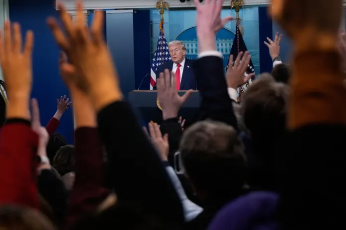 President Donald Trump speaks during a press briefing at the White House in Washington, Tuesday, Jan. 20, 2026. 