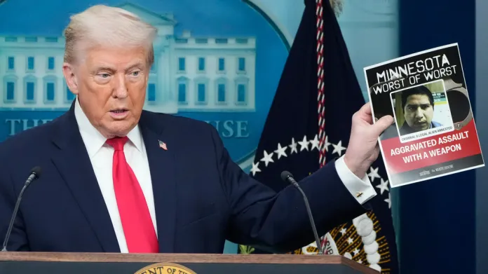 President Donald Trump speaks during a press briefing at the White House in Washington, Tuesday, Jan. 20, 2026. 