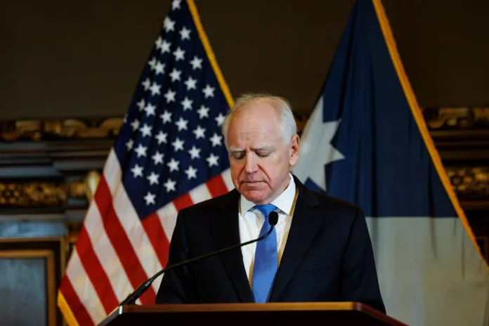 Minnesota Gov. Tim Walz holds a news conference at the Minnesota State Capitol on Monday, Jan. 5, 2026, in St. Paul, Minn.