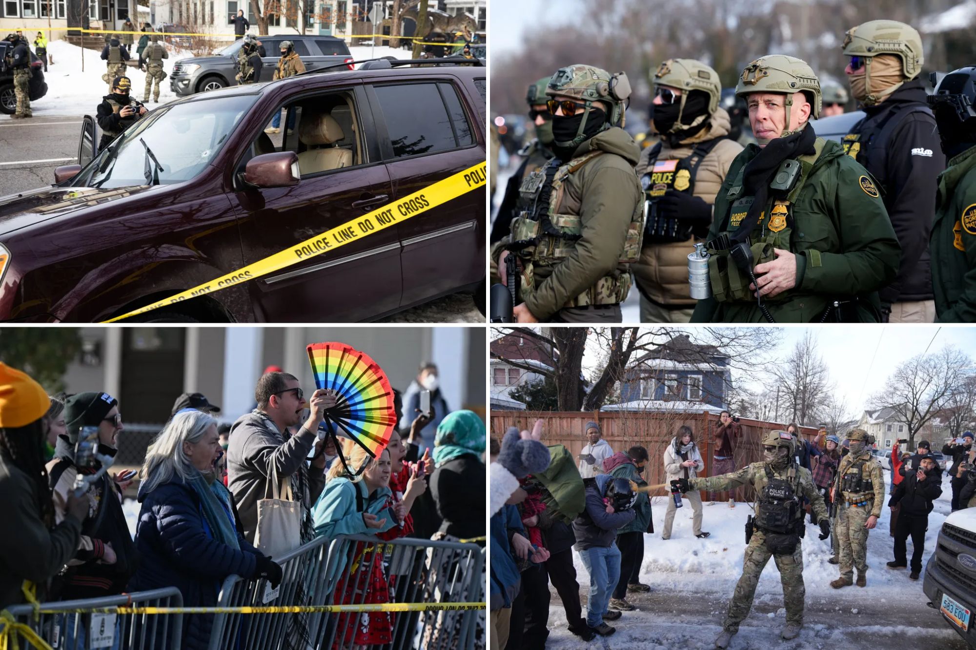 A collage featuring images surrounding the shooting of a civilian by an ICE officer in Minneapolis, Wednesday, January 7th. The images shows the car driven by the dead civilian with a bullet hole visible, Border Patrol chief Greg Bovino, protestors against ICE, and a federal law enforcement officer spraying protestors.