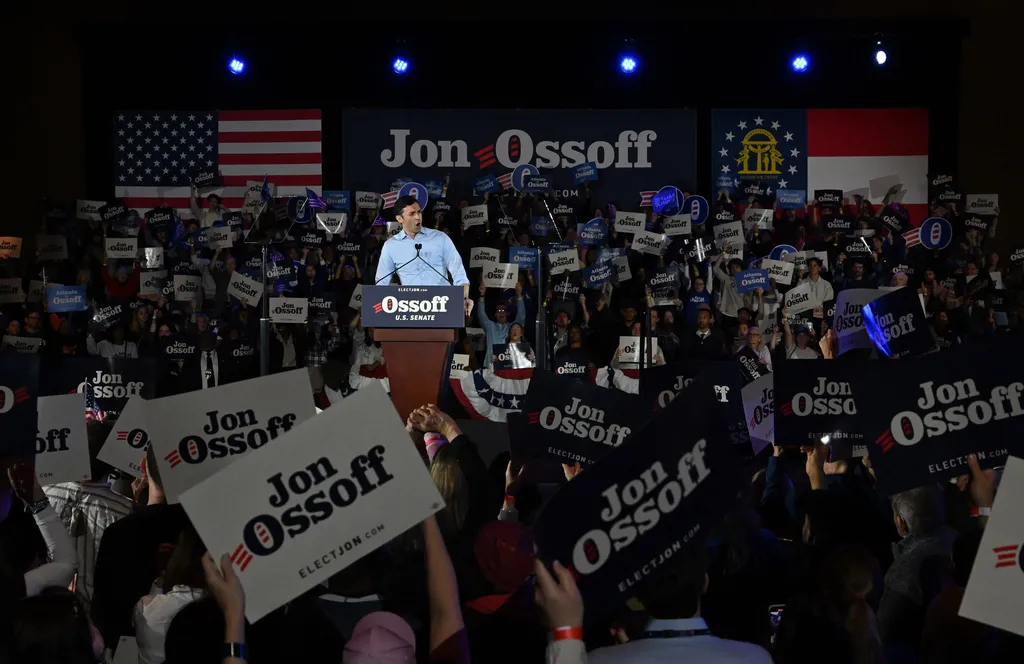U.S. Sen. Jon Ossoff speaks during "Rally for Our Republic with U.S. Senator Jon Ossoff" at the Georgia International Convention Center, Saturday, Feb. 7, 2026, in College Park, Ga. (Hyosub Shin/Atlanta Journal-Constitution via AP)