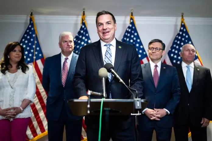 Rep. Richard Hudson, R-N.C., chairman of the National Republican Congressional Committee, conducts a news conference at the Republican National Committee on Thursday, June 13, 2024. Also appearing from left are, House Republican Conference Chair Elise Stefanik, R-N.Y., House Majority Whip Tom Emmer, R-Minn., Speaker of the House Mike Johnson, R-La., and House Majority Leader Steve Scalise, R-La. (Tom Williams/Pool via AP)