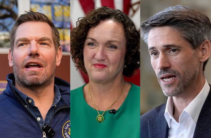 Rep. Eric Swalwell (D-CA), Former Rep. Katie Porter, San Jose Mayor Matt Mahan (Jeff Chiu/AP; Damian Dovarganes/AP; Jeff Chiu/AP)