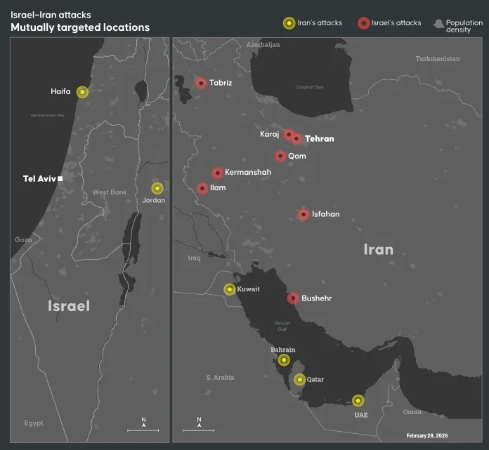Locations of U.S.-Israel strikes in Iran, as well as Iran's retaliatory attacks.