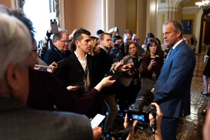 Senate Majority Leader John Thune (R-SD) speaks to members of the media.