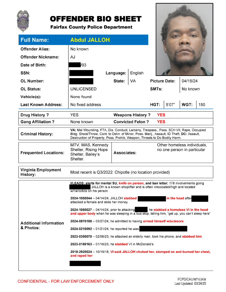 Offender sheet detailing Abdul Jalloh’s criminal history. (Fairfax County Police Department)