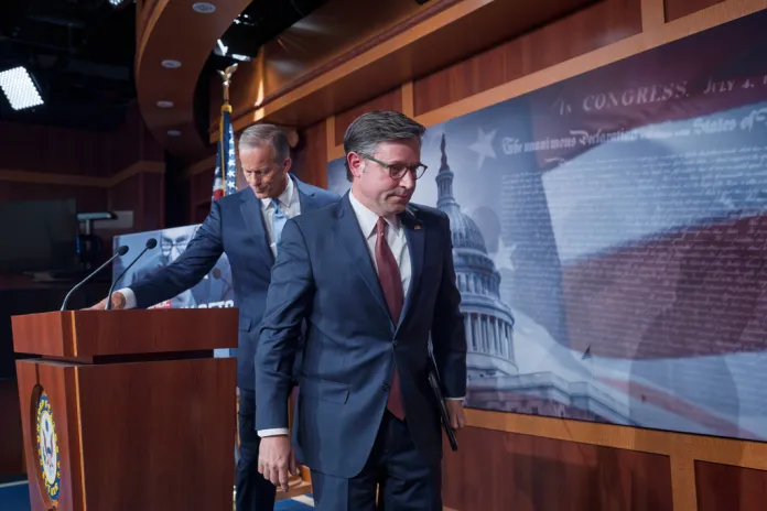 Senate Majority Leader John Thune, R-S.D., left, and Speaker of the House Mike Johnson, R-La., depart after a news conference in Washington, Friday, Oct. 10, 2025