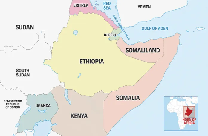 Somaliland is adjacent to the Bab el Mandeb strait on the Gulf of Aden, a critical commercial shipping route, across from Yemen, where Houthi militias have threatened to but not yet joined the war in support of Iran. (Graphic via Getty Images)