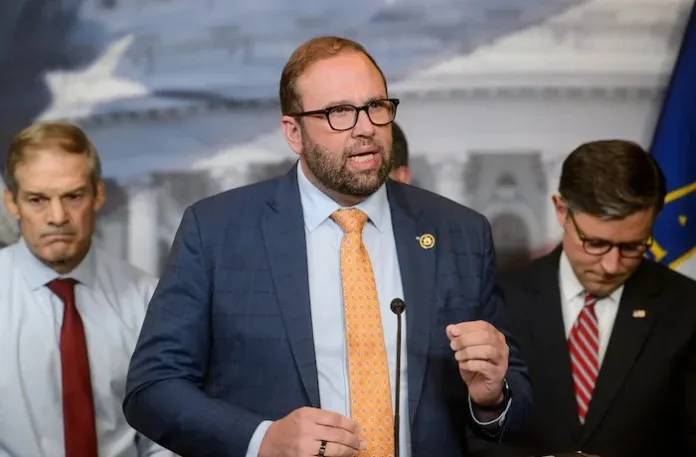 Rep. Jason Smith (R-MO), center, is joined by from left: Reps. Jim Jordan (R-OH), Mark Green (R-TN), and Speaker of the House Mike Johnson R-LA) during a news conference at the Capitol, Tuesday, May 20, 2025, in Washington.