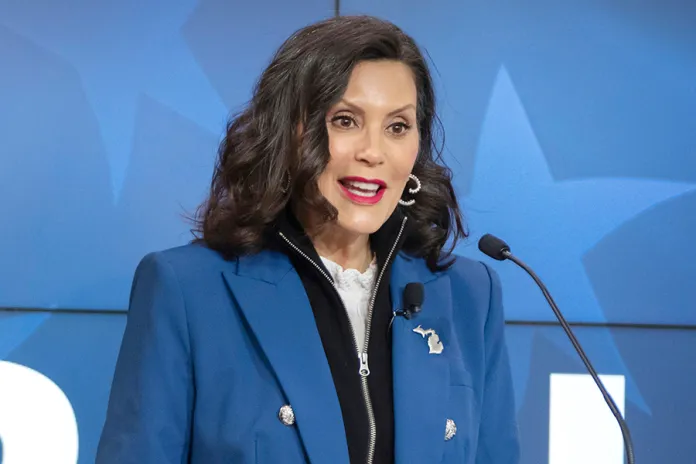 Michigan Gov. Gretchen Whitmer gives a policy speech at an event, April 9, 2025, in Washington. (AP Photo/Mark Schiefelbein, File)