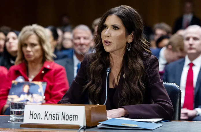 Former Secretary Kristi Noem appears for an oversight hearing before the Senate Judiciary Committee on March 3. (Graeme Jennings/Washington Examiner)