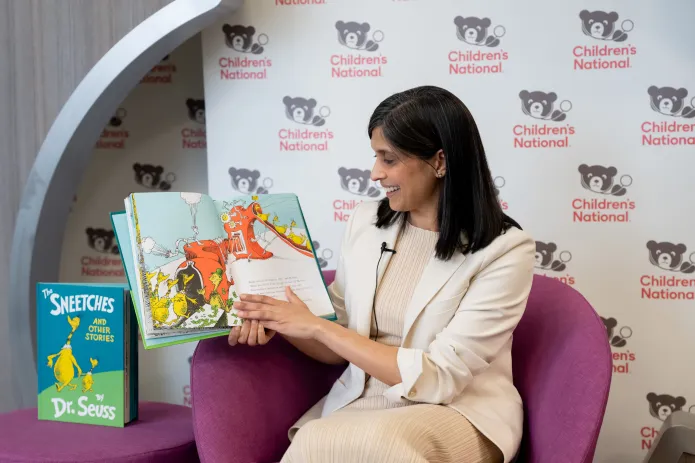 Second Lady Usha Vance reads to patients at Children’s National Hospital.