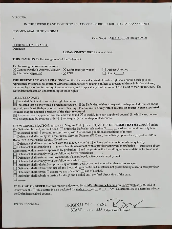 Israel Christopher Flores-Ortiz's charge papers {Courtesy of Stacy Langton)