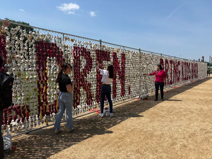 Volunteers at the teddy bear installation. (Photo by Emily Robertson/Washington Examiner)