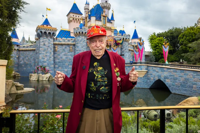 Anaheim, Calif. (March 31, 2026) - 100-year-old World War II veteran Charles Cram was honored at Disneyland Resort for his service to his country. Cram served as a U.S. Navy Pharmacist’s Mate Second Class with the 5th Marine Division during the Battle of Iwo Jima—one of the most pivotal battles of the Pacific campaign. (Photo credit: Disney)