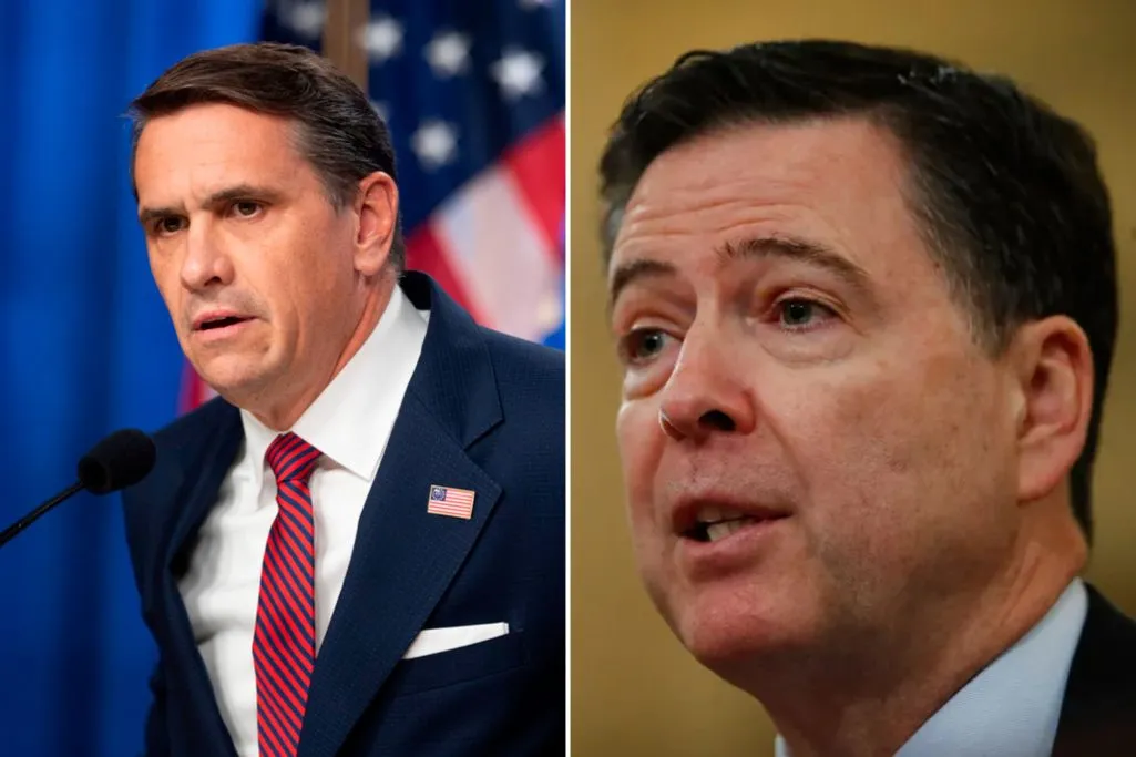 Acting Attorney General Todd Blanche and former FBI Director James Comey in a side-by-side photo collage.