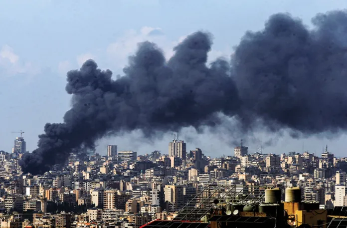 An Israeli strike on a Hezbollah stronghold in Beirut, April 8, 2026. (Marwan Naamani/Picture Alliance via Getty Images)