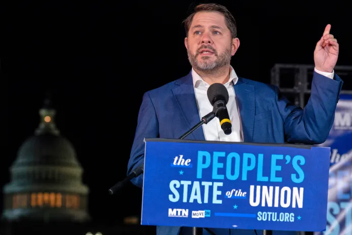 Sen. Ruben Gallego (D-AZ) speaks during the "People's State of the Union" rally outside of the U.S. Capitol.