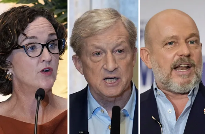 Swalwell’s absence in the California governor’s race has created an opening for former rivals to make power moves, like former Rep. Katie Porter (left) and billionaire Tom Steyer (center). Trump inserted himself into the race by endorsing Republican candidate Steve Hilton (right), a former FOX News television host. (Photos by Godofredo A. Vásquez/AP)