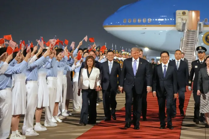 The People's Republic of China rolled out the literal red carpet for President Donald Trump's arrival in Beijing on Wednesday. (AP Photo/Mark Schiefelbein)