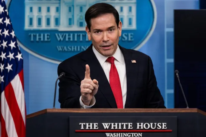 Secretary of State Marco Rubio takes questions from reporters.