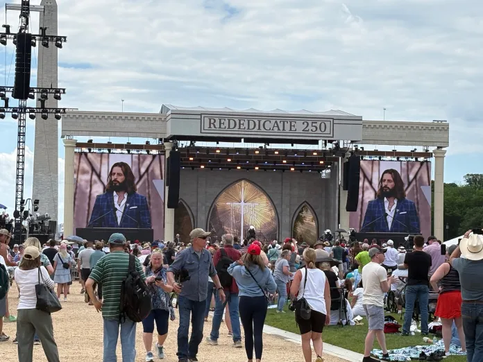 Actor Jonathan Roumie from the Chosen and film Jesus Revolution speaking at Rededicate 250 on the National Mall.