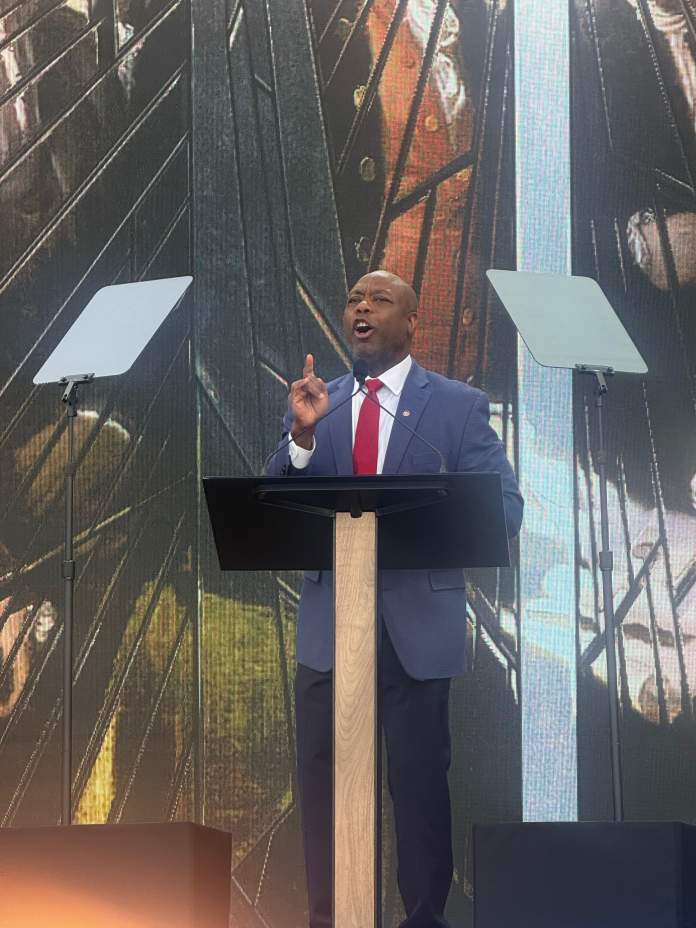 Sen. Tim Scott (R-SC) speaking at Rededicate 250 on the National Mall.