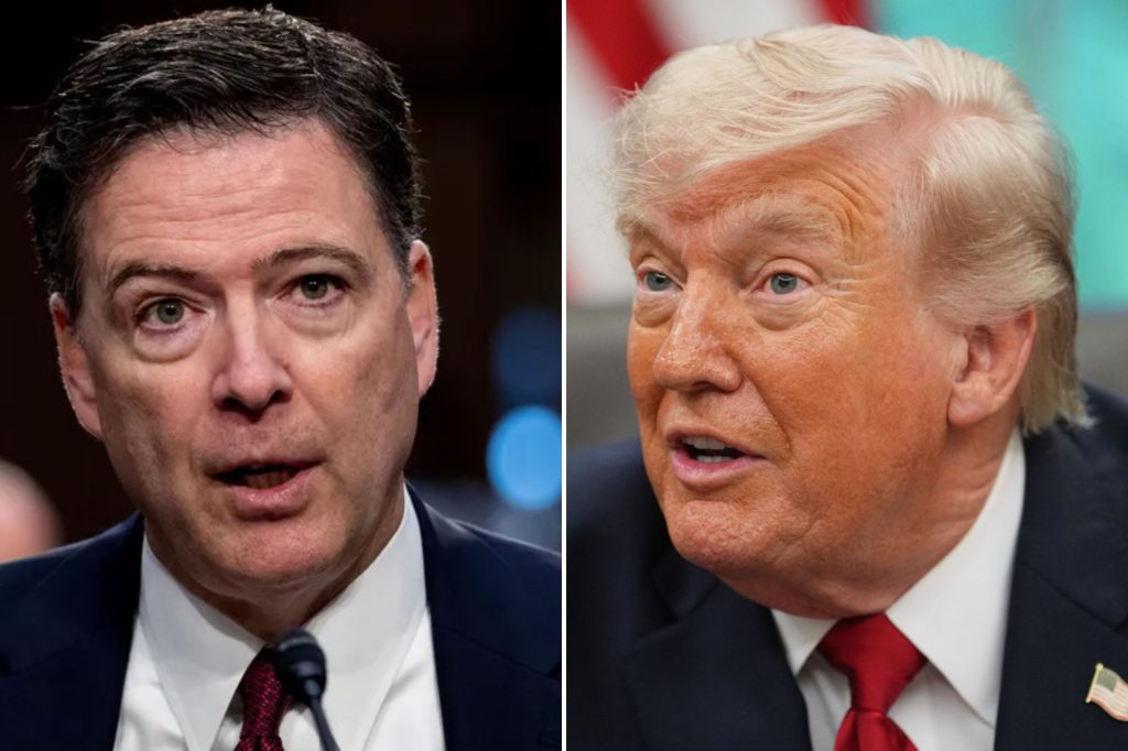 A collage of former FBI Director James Comey and President Donald Trump.