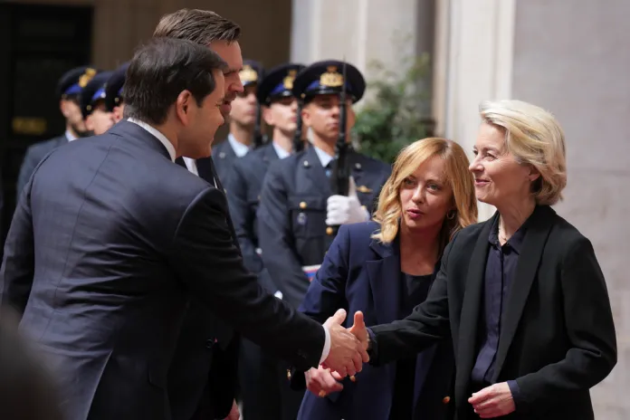 Rubio shakes hands with Meloni