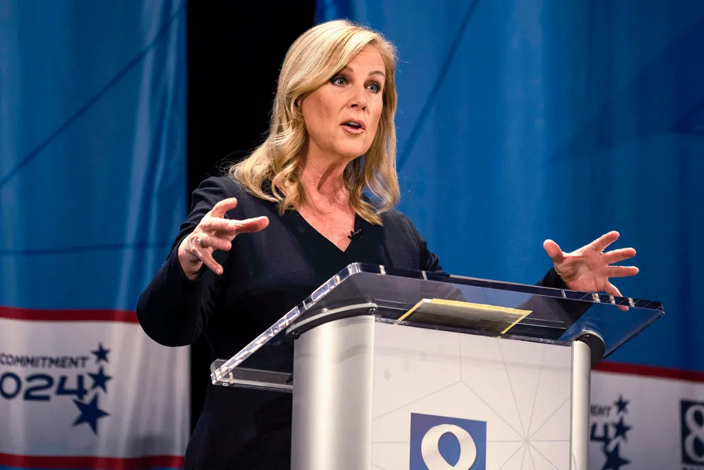 Janelle Stelson, a candidate for the Democratic nomination in Pennsylvania's 10th Congressional District, speaks during a debate
