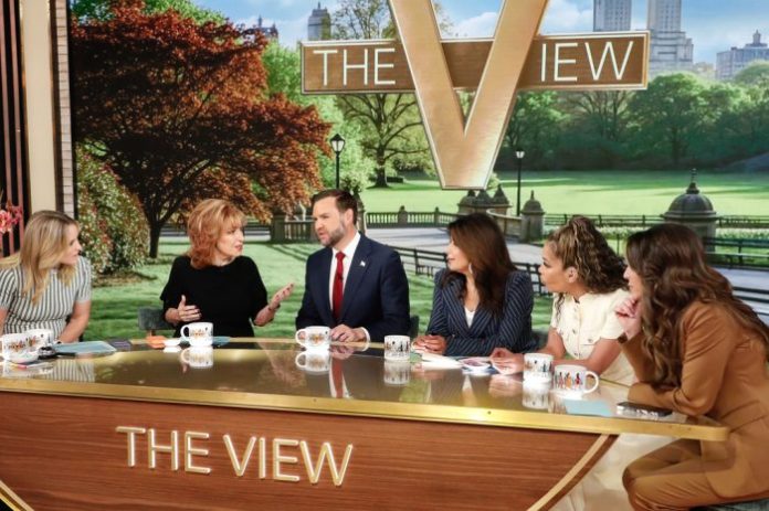 This image released by ABC shows Vice President JD Vance, third from left, with co-hosts, from left, Sara Haines, Joy Behar, Ana Navarro, Sunny Hostin and Alyssa Farah Griffin during an appearance on "The View" in New York on Tuesday, June 16, 2026.