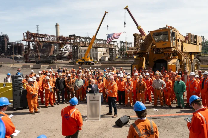 Commerce Secretary Howard Lutnick speaks at a press conference as President and CEO of U.S. Steel David B. Burritt, stands at his side,after a tour of U.S. Steel's Edgar Thomson Plant in Braddock on Monday, June 8, 2026. (Justin Merriman / for The Washington Examiner)