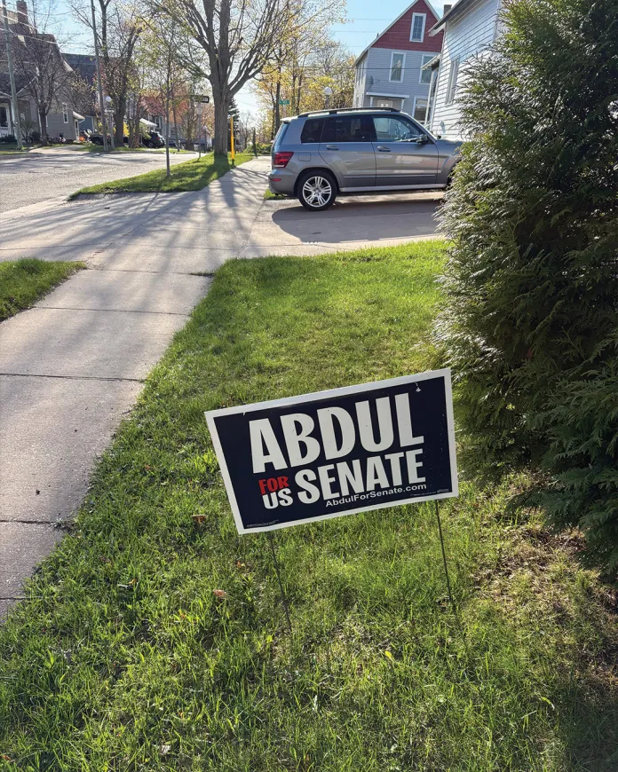 A lawn sign shows support for far-left Michigan Senate candidate Abdul el Sayed in Marquette, Michigan. It’s one of several political signs around town touting different Senate candidates. In a neighborhood abutting Northern Michigan University, where many faculty members live. (Photo by David Mark)