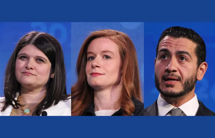 From left: Rep. Haley Stevens (D-MI), state Sen. Mallory McMorrow, and former public health official Abdul el Sayed during a debate between the Michigan Democratic U.S. Senate candidates in Mackinac Island, Michigan on May 28. (Photos by Danielle James/The Flint Journal via AP)