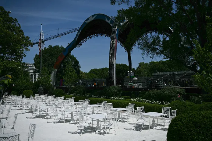 A view of the Rose Garden patio and setup for the upcoming UFC Freedom 250 event, before US President Donald Trump makes an announcement on coal in the Oval Office of the White House in Washington, DC on June 4, 2026. (Photo by Brendan SMIALOWSKI / AFP via Getty Images)
