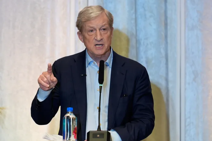 Tom Steyer speaks during a gubernatorial candidate forum on Latino and immigrant communities in Sacramento, Calif., Tuesday, April 14, 2026. (AP Photo/Godofredo A. Vásquez)