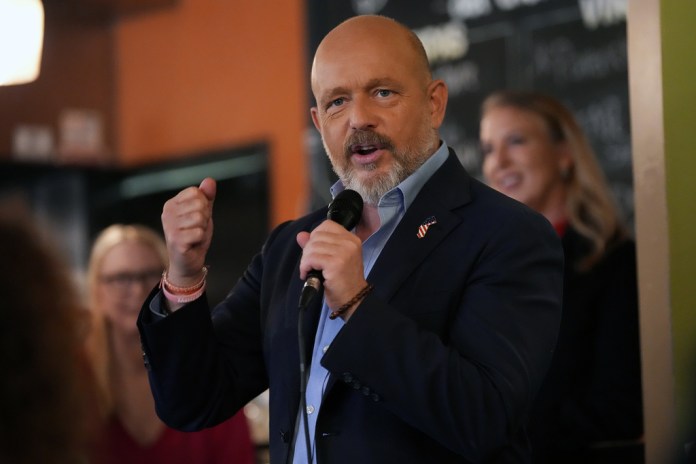 California Republican gubernatorial candidate Steve Hilton addresses supporters during a final Election Day campaign event Tuesday, June 2, 2026, in Huntington Beach, California.