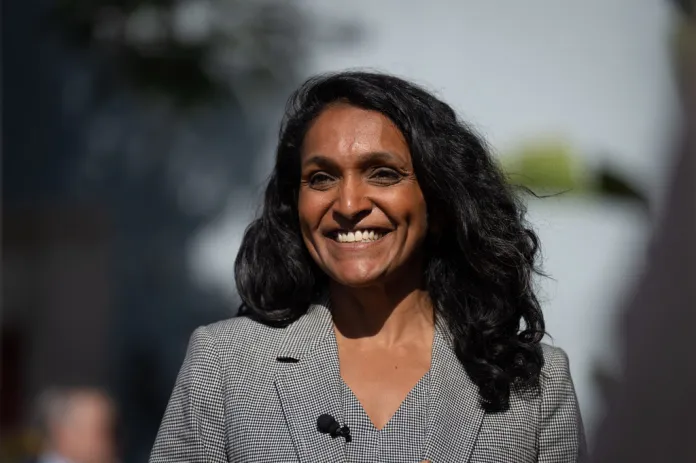 Nithya Raman, a candidate in the Los Angeles mayoral race, smiles during a campaign event discussing tenant protections with renters in Los Angeles, Monday, June 1, 2026.