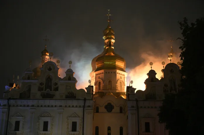 The roof of the Dormition Cathedral of the Kyiv-Pechersk Lavra burns, Monday, June 15, 2026. (AP Photo/Danylo Antoniuk)