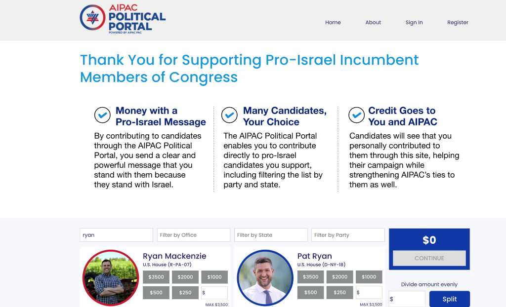 Pat Ryan listed as a pro-Israel incumbent on AIPAC's website.