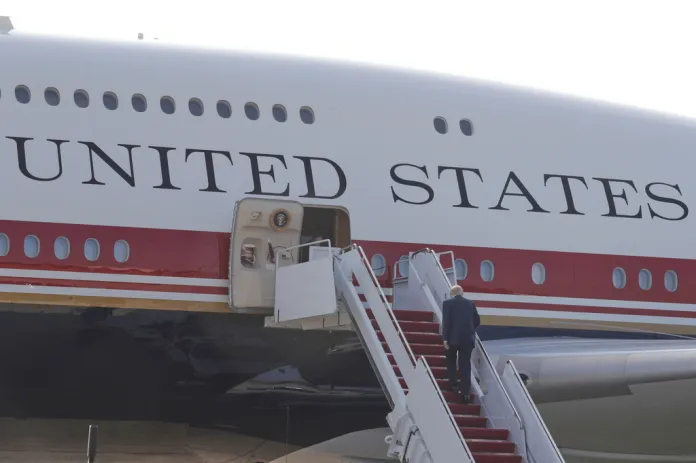 President Donald Trump walks up the stairs of the newly designated Air Force One, a formerly Qatari-owned jumbo jet that has been converted into the official U.S. presidential aircraft, at Joint Base Andrews, Md., Wednesday, July 1, 2026, to attend the opening of the Theodore Roosevelt Presidential Library in Medora, N.D. (AP Photo/Luis M. Alvarez)(AP Photo/Luis M. Alvarez