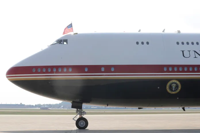 Air Force One with president Donald Trump on board, taxis at Joint Base Andrews, Md., Wednesday, July 1, 2026, as he heads to attend the opening of the Theodore Roosevelt Presidential Library in Medora, N.D. (AP Photo/Luis M. Alvarez)