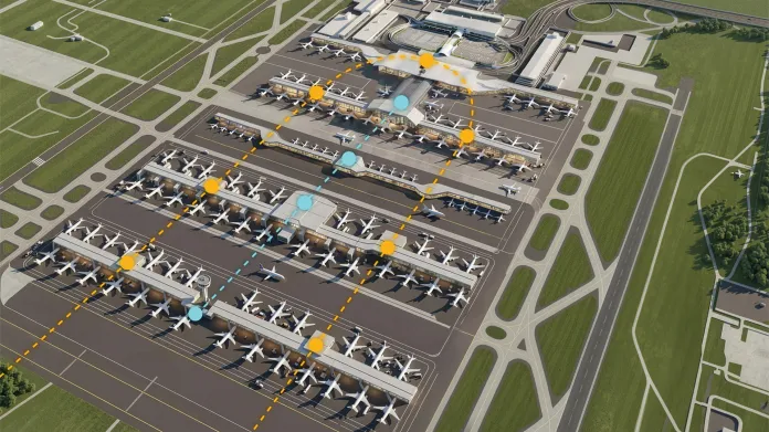 Birdseye view of Dulles terminals