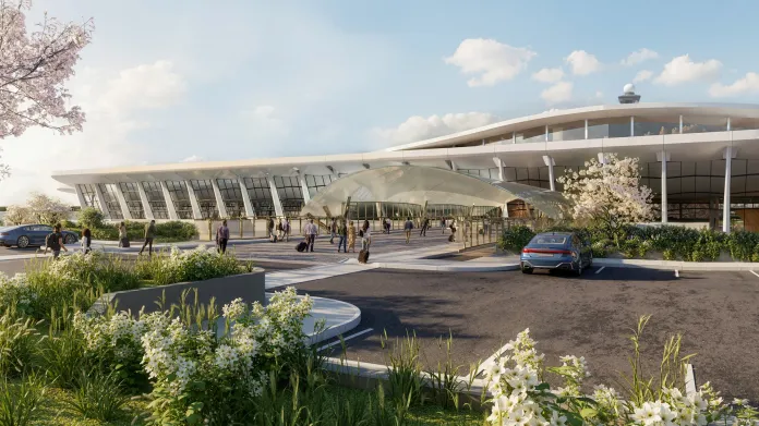 Side view of entrance to Dulles International Airport