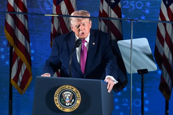 President Donald Trump speaks at Mount Rushmore National Memorial, Friday, July 3, 2026, near Keystone, S.D.