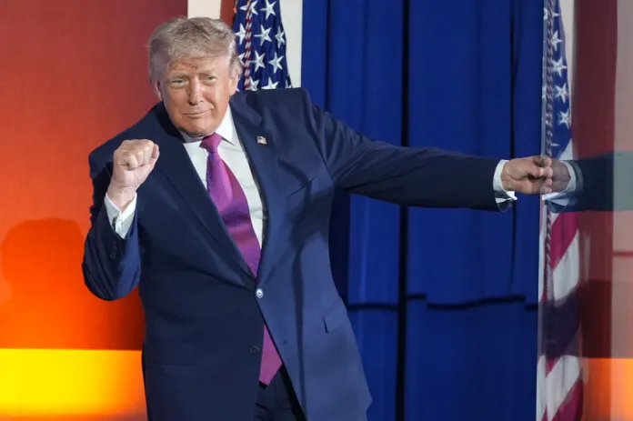 President Donald Trump gestures after speaking at Mount Rushmore National Memorial, Friday, July 3, 2026, near Keystone, S.D.