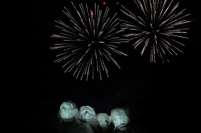 Fireworks explode after President Donald Trump spoke at Mount Rushmore National Memorial, Friday, July 3, 2026, near Keystone, S.D. 