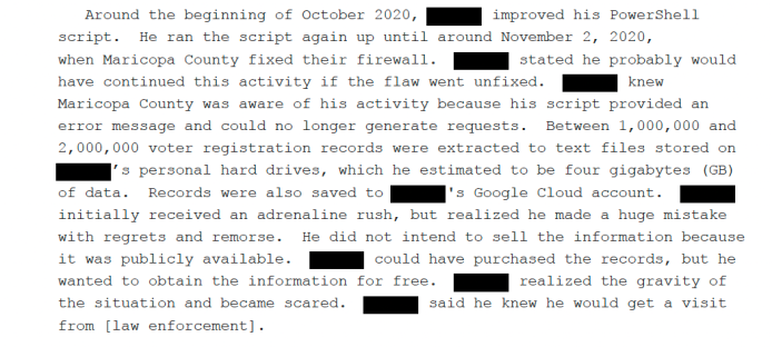 FBI document describing how many voter files a hacker was able to extract