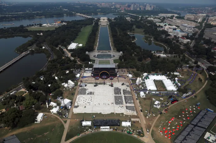 The Lincoln Memorial and the Reflecting Pool are seen from the Washington Monument