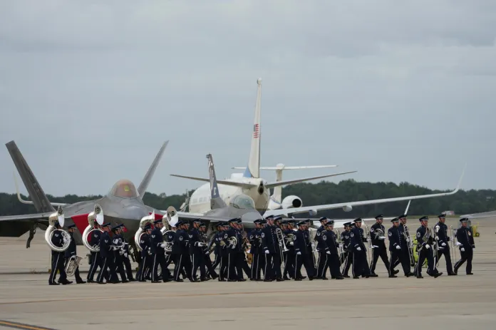 A military band moves into position before President Donald Trump and first lady Melania Trump greet Chinese President Xi Jinping and his wife Peng Liyuan at Joint Base Andrews, Md., Wednesday, Sept. 23, 2026.(AP Photo/Alex Brandon)